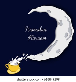 Vector illustration of coffee splashing out of falling mug. Coffee milk splash in the form of crescent moon. Creative paper art concept. Realistic Ramadan Kareem background, poster, card, banner