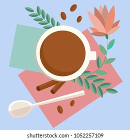 vector Illustration of coffee with a spoon and flowers on napkins on a blue background