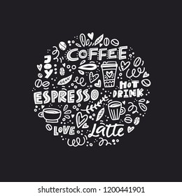 Vector illustration of coffee symbols with words like espresso, latte. Element for restaurant menu.