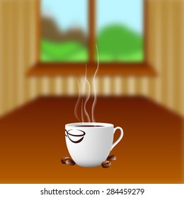 vector illustration of a coffee table with a cup of coffee on the background of a window and landscape with mountains and tree