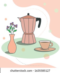 Vector illustration of coffee table with a stove top, coffee cup and vase with flowers