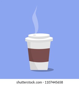 Vector illustration of coffee or tea in a disposable cup on violet background. Isolated object.