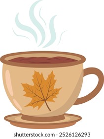 Vector illustration of a coffee or tea mug with a saucer. A coffee cup with an image of a maple leaf. Scandinavian beverage tableware with a handle. Flat vector illustration