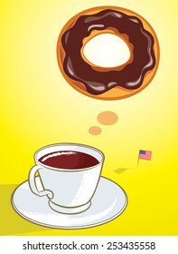 vector illustration of coffee thinking of donut with American flag in color