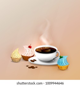 Vector illustration of coffee time. Coffee with a cupcake.