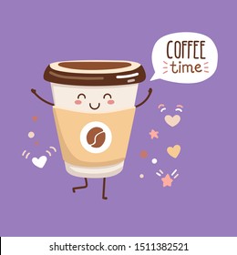 Vector illustration Coffee time with a cute paper cup. Kawaii character with a happy smiling face and doodle hearts, stars, dots around. Card, poster, print design for cafe, kitchen, restaurants. 