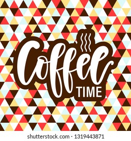 Vector illustration of Coffee time logotype. Hand drawn lettering typography isolated on retro geometric background. Design template for cafe, shop, store. Badge, sign, icon, sticker, banner concept