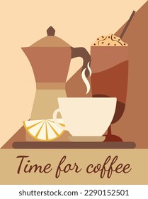 Vector illustration in coffee tones, retro coffee maker, coffee mug, coffee dessert, lemon. Illustration for design poster, sticker, banner, card. Vector elements.