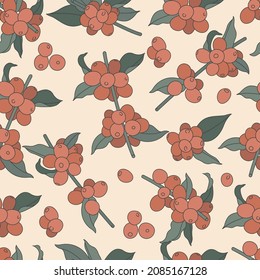 Vector illustration with coffee tree branches. Seamless pattern with coffee plant and beans.