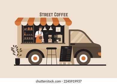 Ilustración vectorial de la cafetería Coffee truck con barista. Ilustración para sitio web, página de inicio, aplicación móvil, afiche y banner. Ilustración vectorial plana de moda