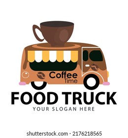 Vector illustration of a coffee truck isolated on brown. Convenient street food truck and coffee shop.