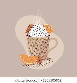 Vector illustration of coffee with whipped cream, oranges and star anise, sprinkled with chocolate chips