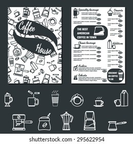 Vector Illustration of CoffeeHouse Menu Flyer for Design, Website, Background, Banner. Cofee Icon Element Template for Restaurant Brand. Cafe list of Beverage