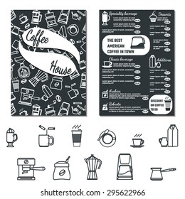 Vector Illustration of CoffeeHouse Menu Flyer for Design, Website, Background, Banner. Cofee Icon Element Template for Restaurant Brand. Cafe list of Beverage