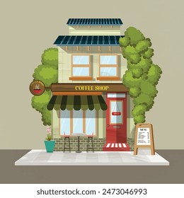 A vector illustration of a coffeeshop storefront. Cartoon-style vector of a cafe building front in flat colors.