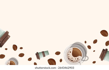 A vector illustration of a coffee-themed background featuring a cup of coffee, roasted beans, and a takeaway coffee cup. A soft coffee backdrop in shades of coffee brown, chocolate, and creamy foam.