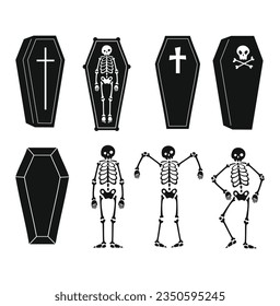 Vector illustration coffin and skeleton Halloween theme silhouette isolated on white background