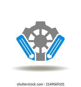 Vector illustration of cog wheel with pencil. Symbol fo customize. Icon of customization business, industry, education.