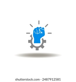 Vector illustration of cog wheel and shining fist. Icon of empowerment. Symbol of power strength.