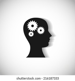 Vector illustration of cogs or gears in human head. Logo design. Innovation or technology concept. Face icon isolated on white.