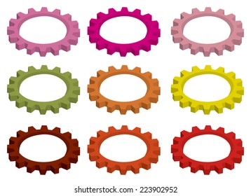 Vector illustration of cogwheel, mechanical toothed wheel gear for rotation, in different vibrant colors isolated on white background.