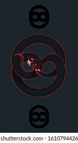 A vector illustration of a coiled Ouroboros snake eating it’s own tail with  a pair of stylized ornaments.