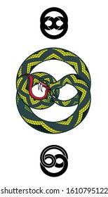 A vector illustration of a coiled Ouroboros snake eating it’s own tail with  a pair of stylized ornaments.