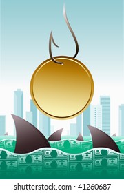 Vector illustration of a coin bait to catch the big fish (or shark) prowling the money ocean