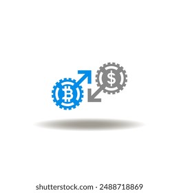 Vector illustration of coin bitcoin and dollar with arrows exchange. Icon of P2P Peer to Peer. Symbol of money exchange.