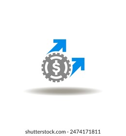 Vector illustration of coin cash  wioth arrows up. Icon of job costing. Symbol of growth profit and success investments.