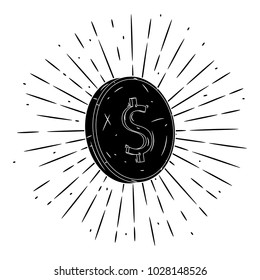 Vector illustration with coin and divergent rays. Used for poster, banner, web, t-shirt print, bag print, badges, flyer, logo design and more. 