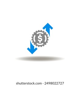 Vector illustration of coin dollar with arrow up and down. Icon of job costing. Symbol of financial profit and losses.