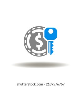 Vector Illustration Of Coin Dollar Curency With Key. Icon Of Success Profit. Symbol Of Money Access. Pictogram Of Finance Privacy, Secrecy.