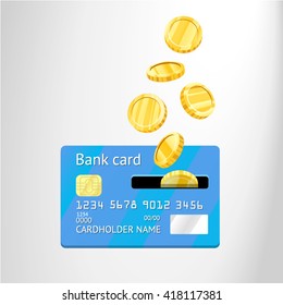 Vector illustration of coins and bank cards, cash get a bank card. Visualize your bank account replenishment process