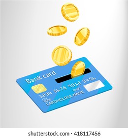 Vector illustration of coins and bank cards, cash get a bank card. Visualize your bank account replenishment process