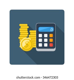 A vector illustration of coins and a calculator.
Flat Icon Accounting concept.
Cash counting Icon illustration.