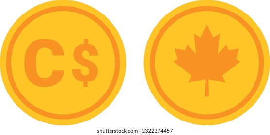 Vector illustration of coins from Canada. golden coins. Canadian dollar symbol and maple leaf.