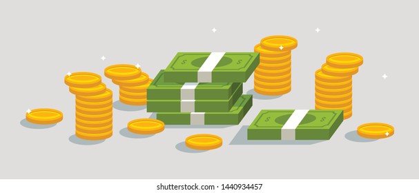 Vector illustration of coins and cash in flat style.