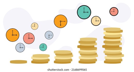 ilustración vectorial de monedas y relojes para tiempo de depósito e inversión a largo plazo