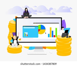 Vector illustration. Coins and computer monitor. A group of people is developing a business project. Investment and promotion on the Internet. Start a new project. Collaboration. EPS-10.
