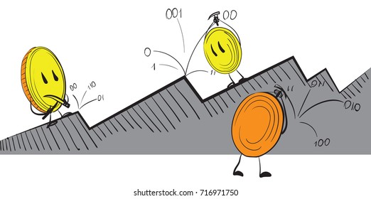 Vector illustration of coins mining bitcoins with pickaxe. Mining, cryptocurrency, global finances, future money, modern trends, electronic money concepts