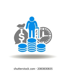 Vector Illustration Of Coins Pile With Elderly Pensioner And Money Bag With Clock. Icon Of Pension Plan. Symbol Of Retirement Planning.