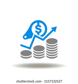 Vector illustration of coins pile growth chart and magnifier with dollar. Icon of EBITDA. Symbol of financial report, data, profit analytics.