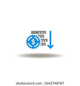Ilustração vetorial de moedas pilha pilha dinheiro e seta para baixo. Símbolo de controle de custo. Ícone de desvalorização de moeda.