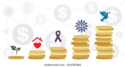 vector illustration of coins rating and charity symbols for social security funding and NGO organization budgeting