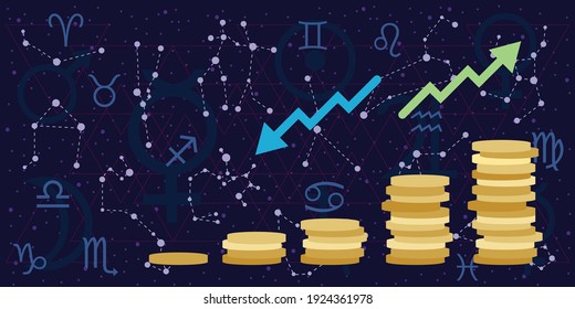 vector illustration of coins rating and zodiac signs for financial astrology forecasts and predictions