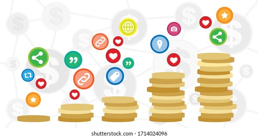 Vector Illustration Of Coins And Social Media Symbols For Paid Ads And Advertisement Visual