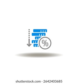 Vector illustration of coins stack pile with percent sign and arrow down. Symbol of cost control.