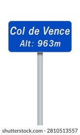 Vector illustration of the Col de Vence blue road sign on metallic post