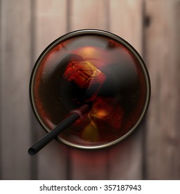 Vector illustration cola in a glass of ice. Realistic drawing. Top view. Wooden background. Fast food. EPS 10
